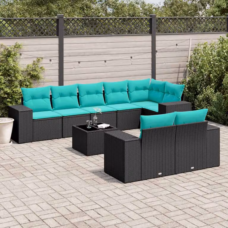 Set Divani da Giardino vidaXL 9 pz in Polyrattan con Cuscini e Tavolino, Design Moderno a L, Colore Nero e Blu