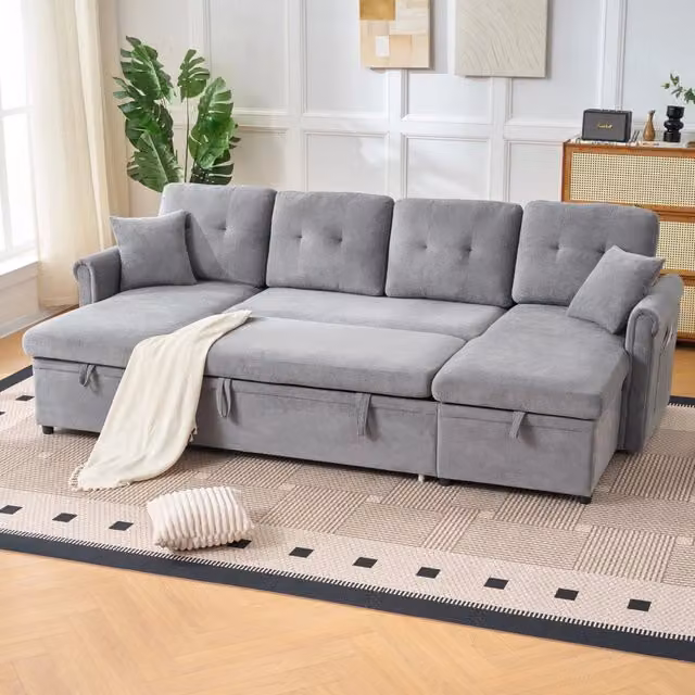 Divano letto angolare ¨C Minimal ¨C Grigio tessuto chenille con contenitore