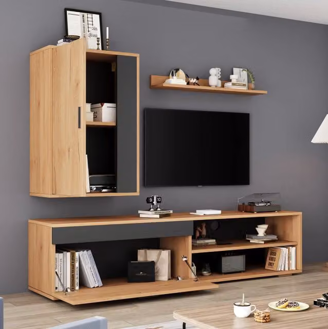 Set mobili TV 140x35x39 cm con TV, pensile e mensola, colore legno e nero