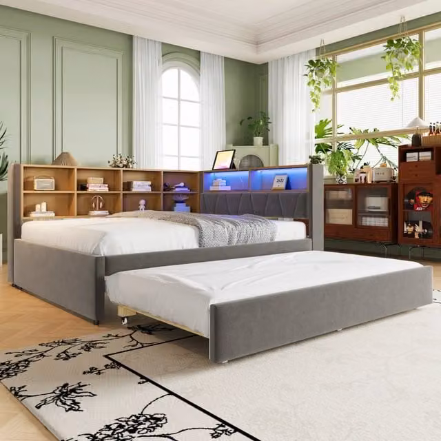 Divano letto 140 x 200 cm con letto estraibile 90 x 190 cm, luci LED, prese e ripiani, letto imbottito multifunzionale, flanella - Grigio scuro