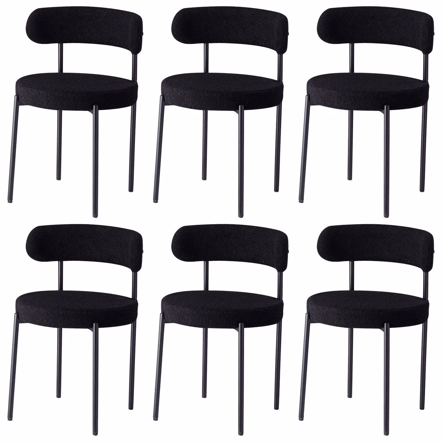 Sedie da pranzo in stile scandinavo - Set da 6 - Velluto Teddy - Imbottite - Gambe in metallo - Design moderno - Per cucina e sala da pranzo - Nero