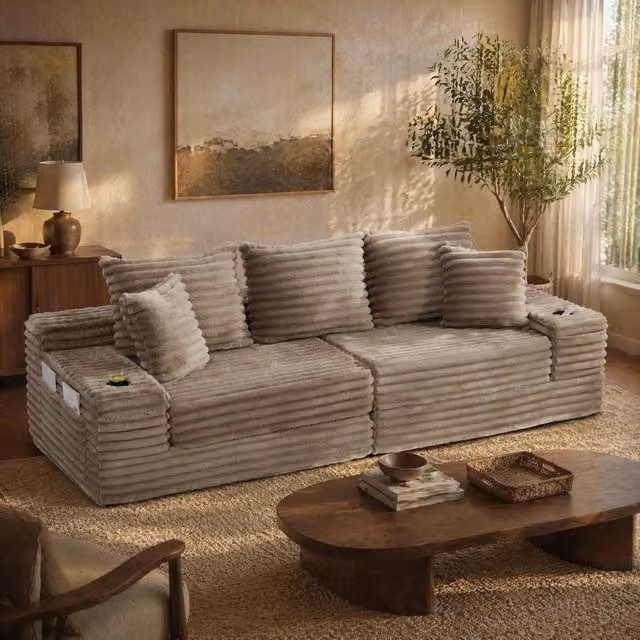 Divano letto modulare MIVRAY in velluto a righe verde e beige con funzione notte e portabevande integrati – 1
