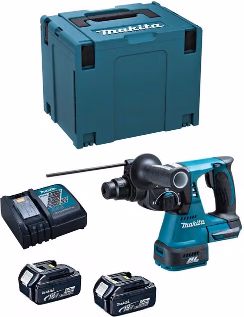 Tassellatore Makita DHR242RTJ con 2 batterie da 5,0 Ah, caricabatterie DC18RC e sistema di trasporto MAKPAC 4
