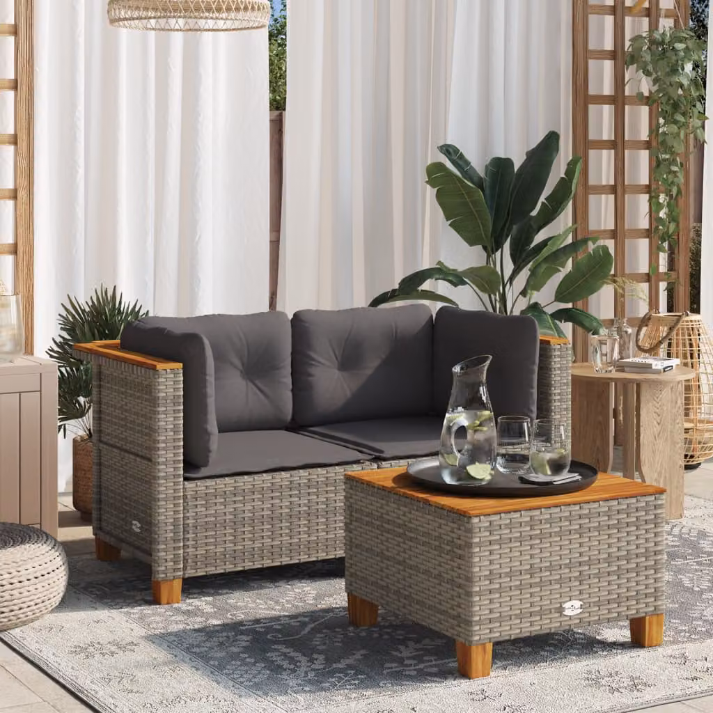 Set di divani angolari da giardino vidaXL in rattan e legno di acacia con cuscini grigi e coperture rimovibili