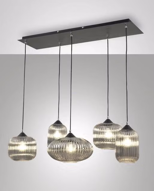 Gillis Lampada a Sospensione in Metallo e Vetro Soffiato Fumé 5x E27 40W 90x25x200cm - Design Elegante per Interni Moderni e Raffinati