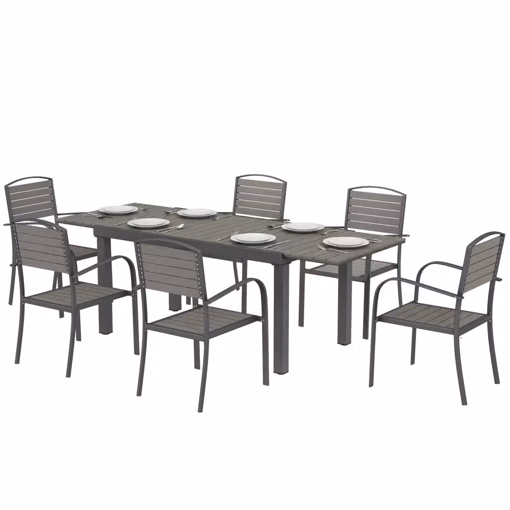 Set da giardino Minimal composto da 7 pezzi con tavolo allungabile e 6 sedie impilabili in alluminio grigio ed effetto legno – 2