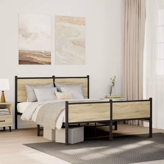 Letto con struttura in metallo e legno color rovere Sonoma vidaXL L/P: 150 x 200 cm – 1
