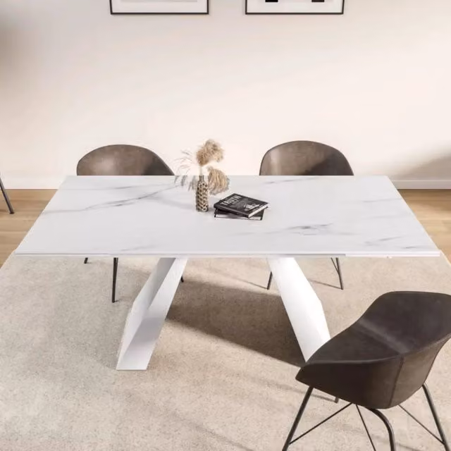 Tavolo PRISMA Allungabile Bianco con Venature Effetto Marmo e Gambe Bianche
