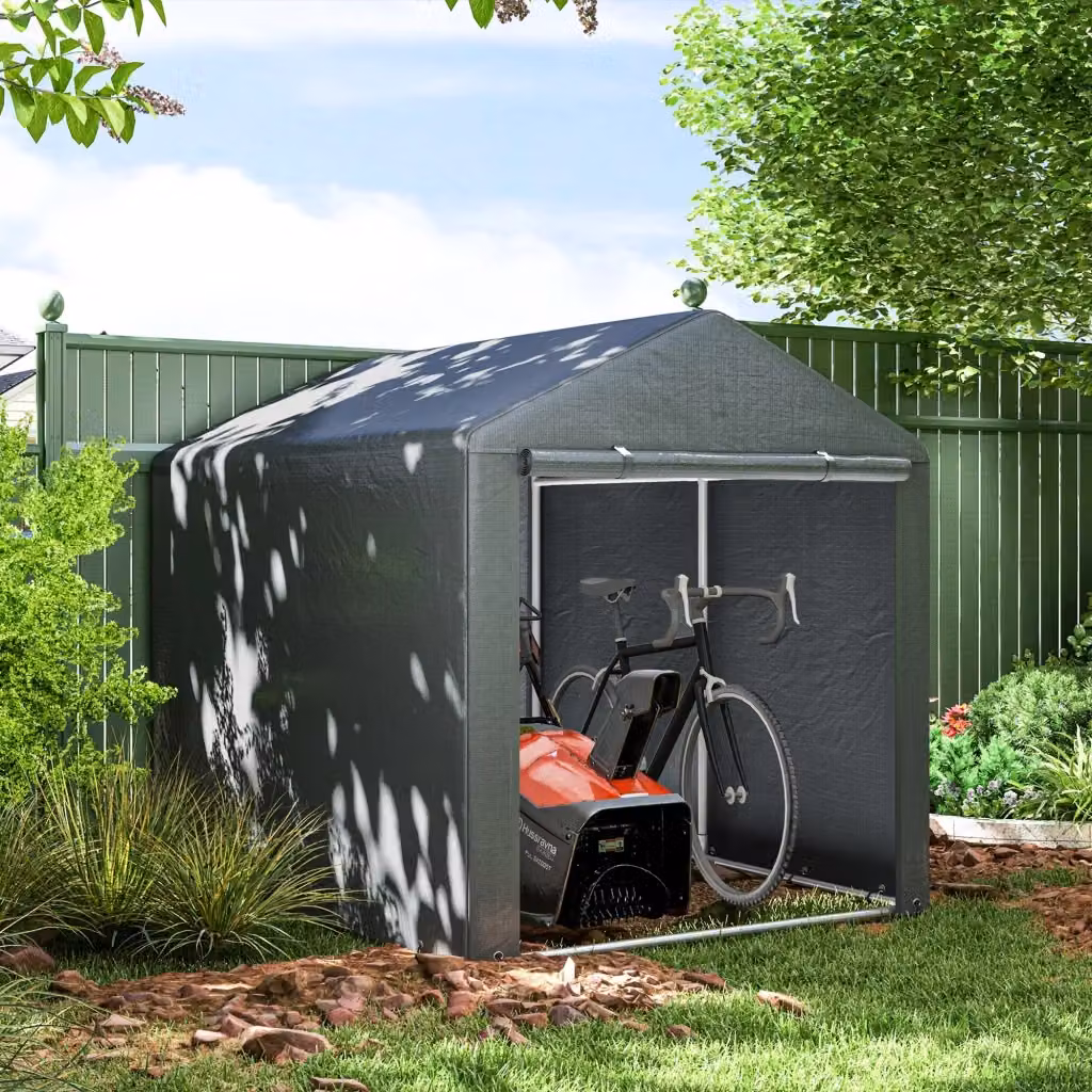 Tenda da garage Komhtom grigia con protezione UV e porta a cerniera, idropelente per attrezzi da giardino, L: 160 cm, P: 218 cm, H: 172 cm – 2