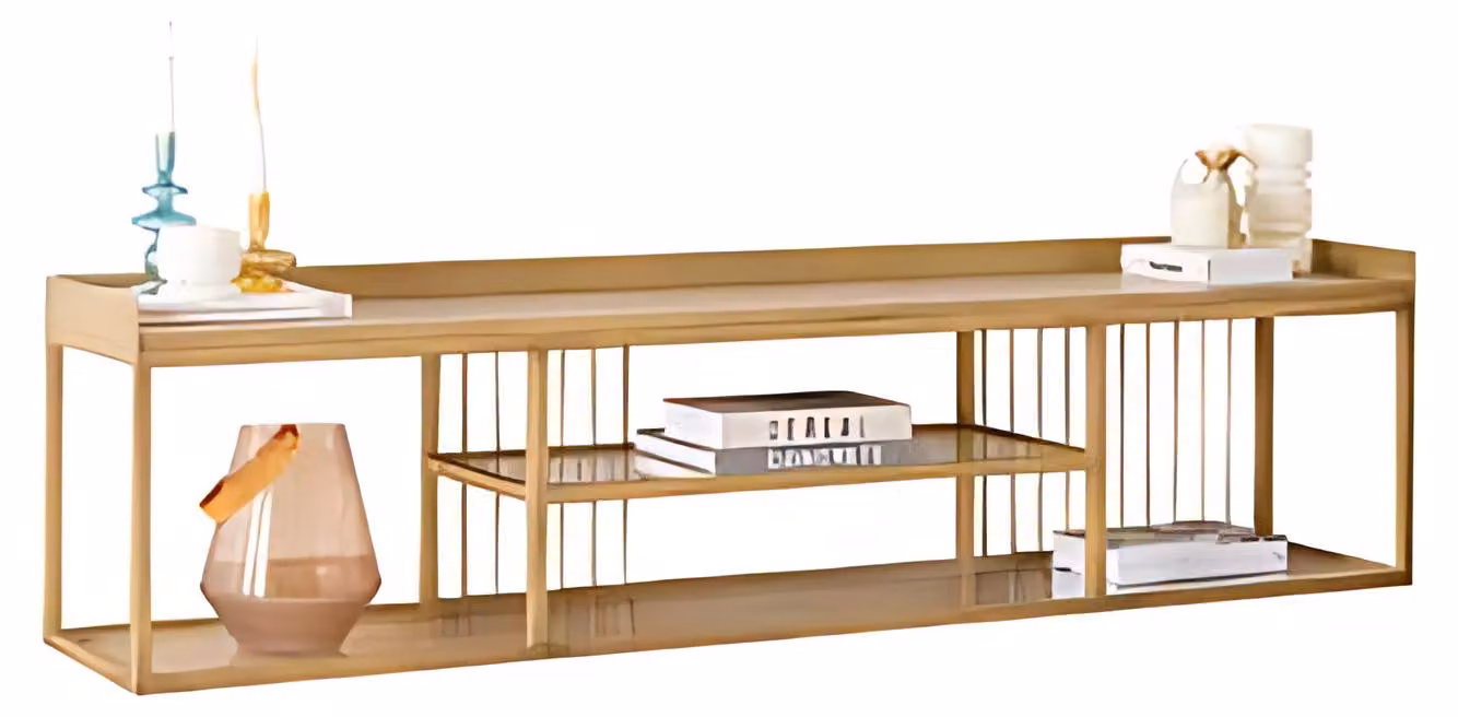 Elegantes TV-Lowboard Holz offenen Fächern und Metallrahmen