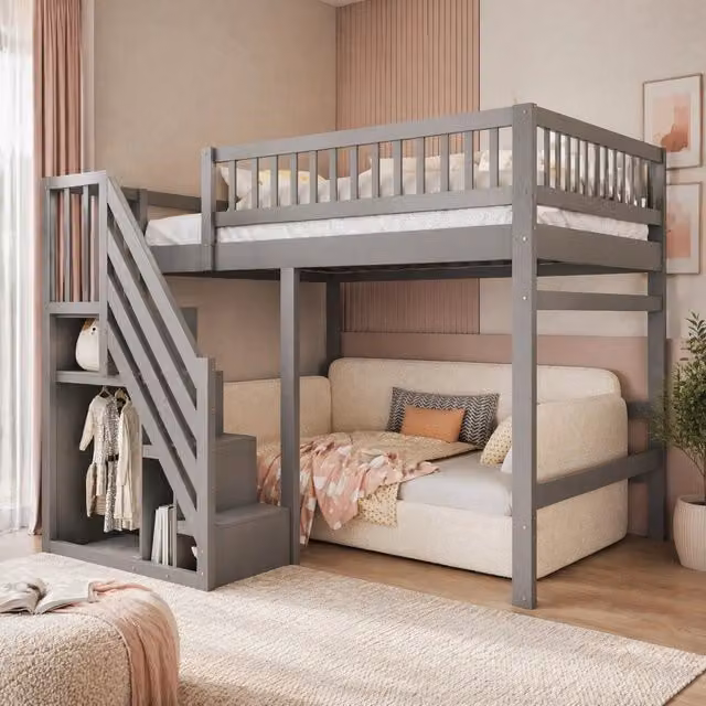 Letto singolo elevato per bambini in legno e MDF grigio con scala contenitore e scomparti laterali L/P/H: 200 x 140 x 173 cm