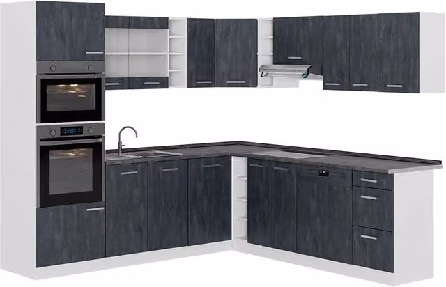 Cucina angolare moderna Vicco R-Line in legno e plastica, colori nero, bianco e antracite, L: 247 cm, P: 237 cm