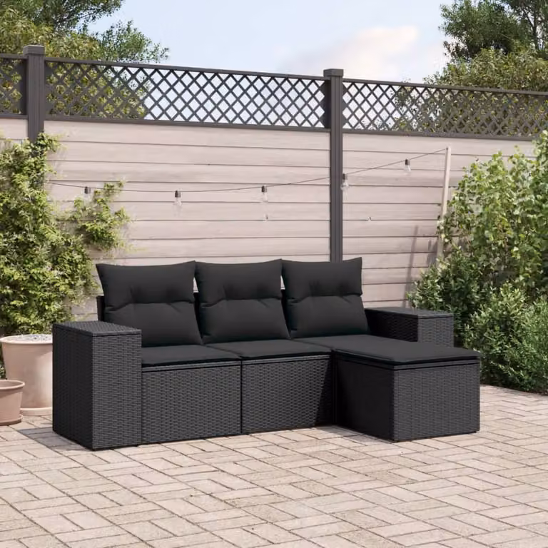 Set di divani da giardino vidaXL a forma di L composto da 4 pezzi in polyrattan nero con cuscini inclusi
