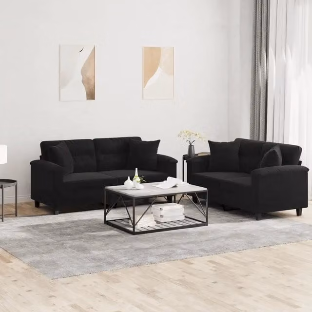 Set di 2 Divani vidaXL in Tessuto Microfibra Nero con Cuscini e Struttura in Metallo e MDF – 1