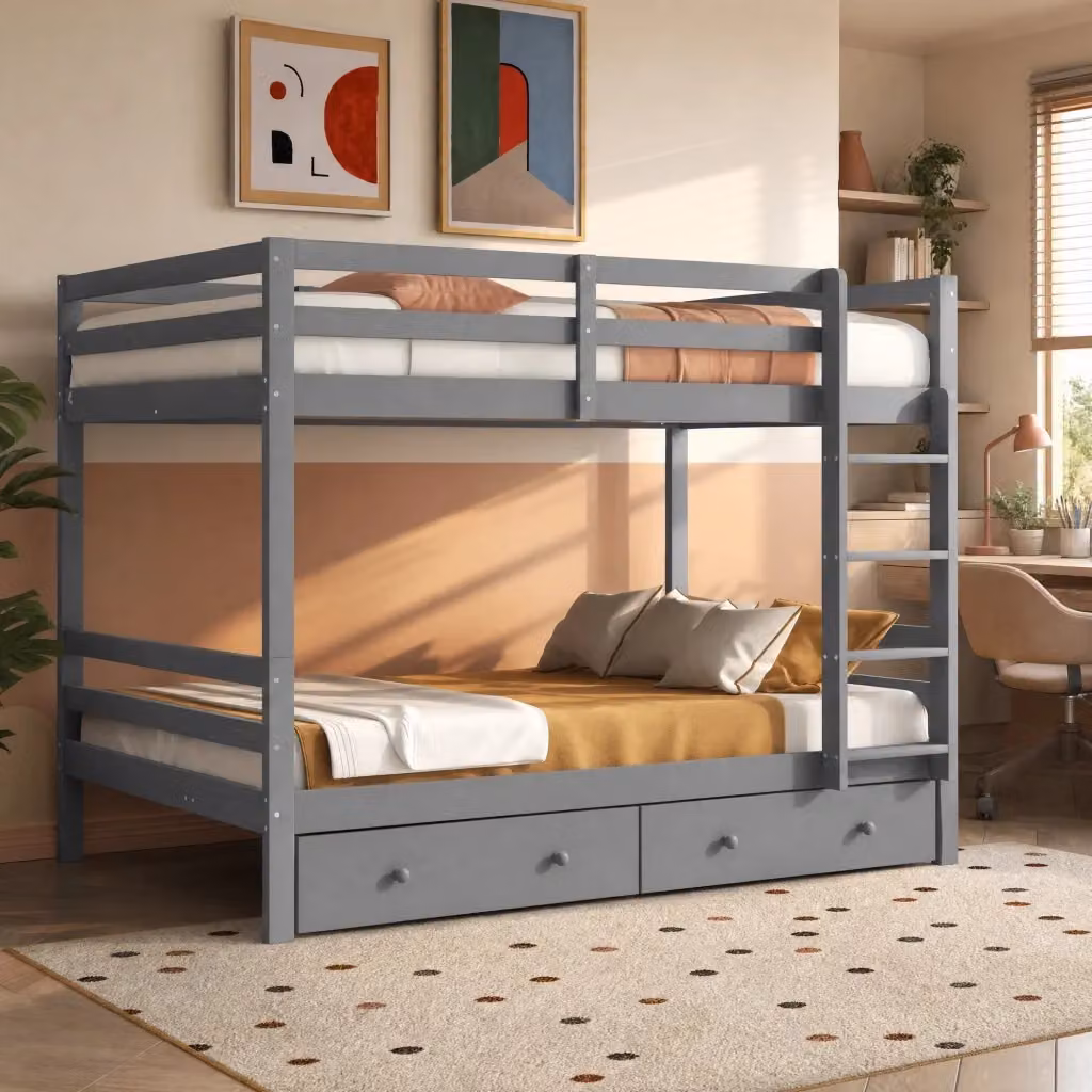 Letto a castello moderno in pino e MDF grigio con cassetti, L/P/H: 200 x 140 x 145 cm – 2