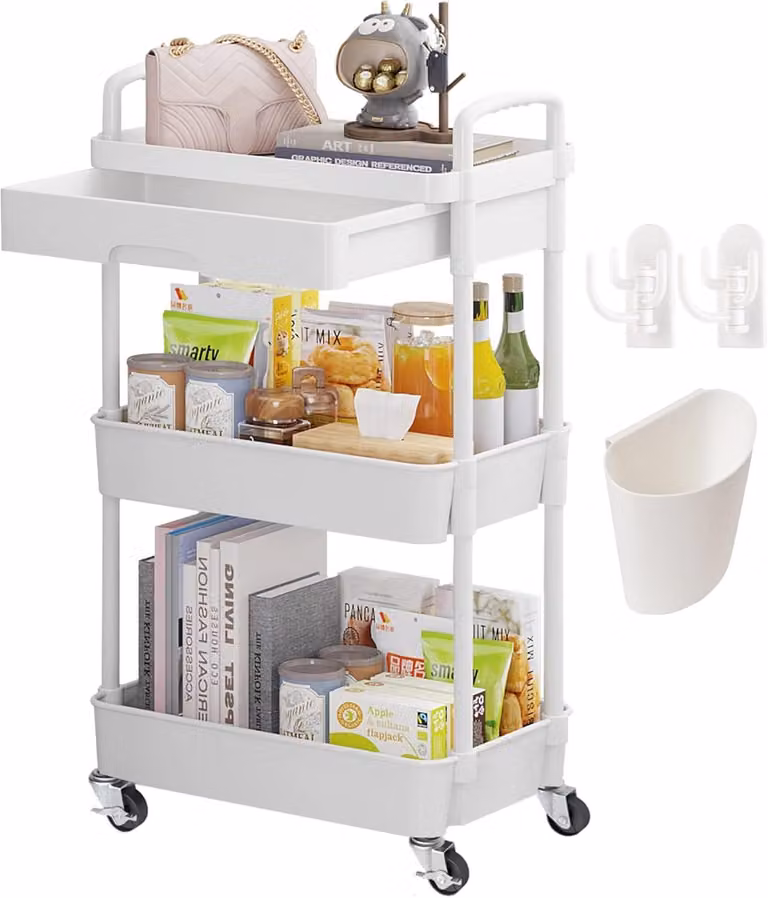 Scaffale a 3 ripiani con ruote, carrello di servizio, scaffale mobile, bianco, carrello portaoggetti