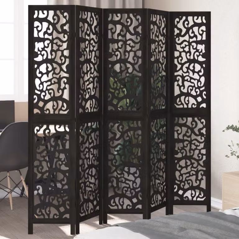 Divisorio Ambienti vidaXL con 5 Pannelli in Legno Massello di Paulownia Nero Opaco H: 180 cm, L: 200 cm