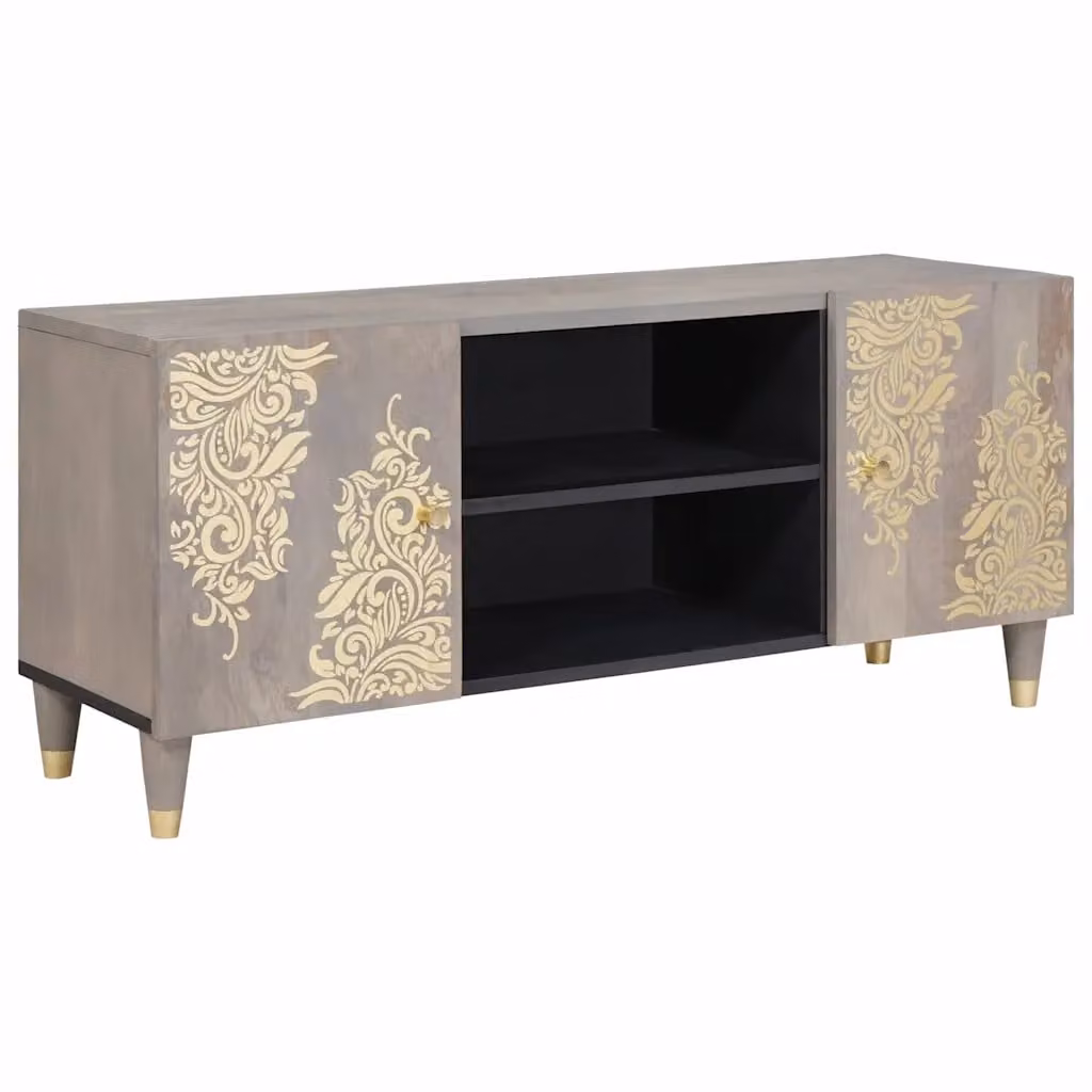 Mobile TV vidaXL in legno di mango massello, Grigio e Marrone, L 105 x P 33 x H 46 cm