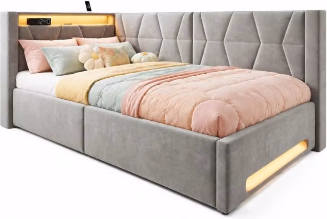 Letto contenitore singolo in velluto grigio con illuminazione LED e porte USB e Type-C, rete sollevabile, L/P/H: 90 x 200 x 102 cm (senza materasso)