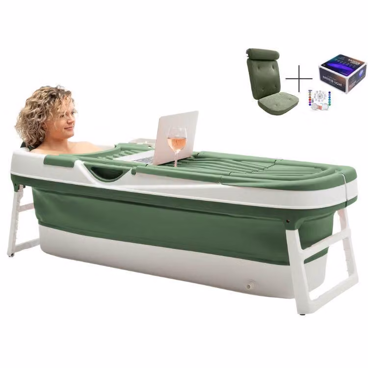 HelloBath® Vasca da bagno pieghevole per adulti XXL, 157x60x48 cm - Con cuscino da bagno, copertura, luce da bagno e rulli massaggianti - Vasca da bagno mobile