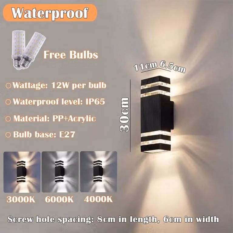 Lampada da parete, impermeabile, con lampadina sostituibile, con possibilità di cambiare colore (3 colori), attacco E27