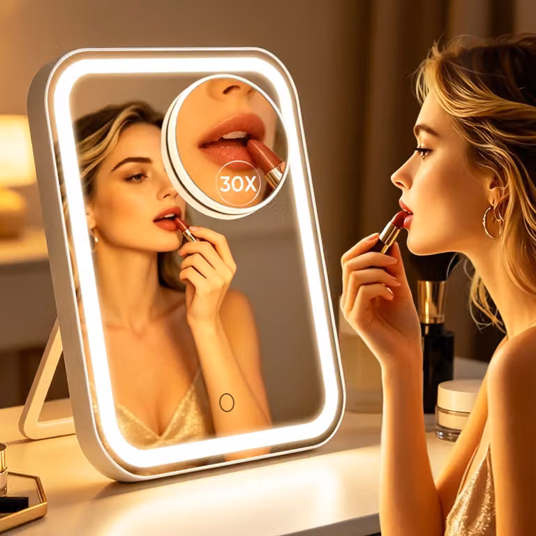 Specchio da trucco, con illuminazione a LED, ingrandimento 1X/10X, ricaricabile, con porta di tipo C, rotazione a 360°, forma rettangolare