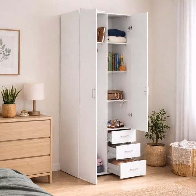Armadio guardaroba DMORA a due ante con cassetti interni, colore bianco, L: 77 cm, H: 200 cm, P: 49,5 cm