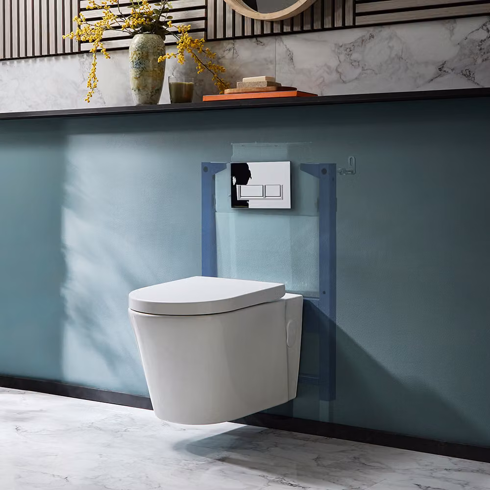 Sanitario WC Sospeso Senza Brida con Telaio Corto - Placca di Comando Rettangolare Bianca/Cromata - Covelly