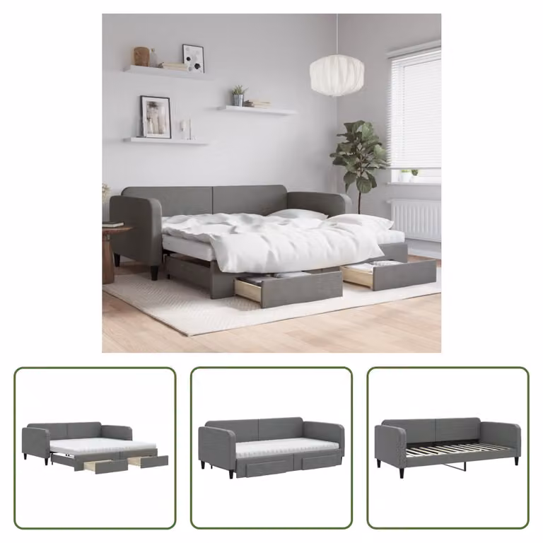 The Living Store Letto da giorno allungabile con cassetti grigio scuro 100x200 cm tessuto
