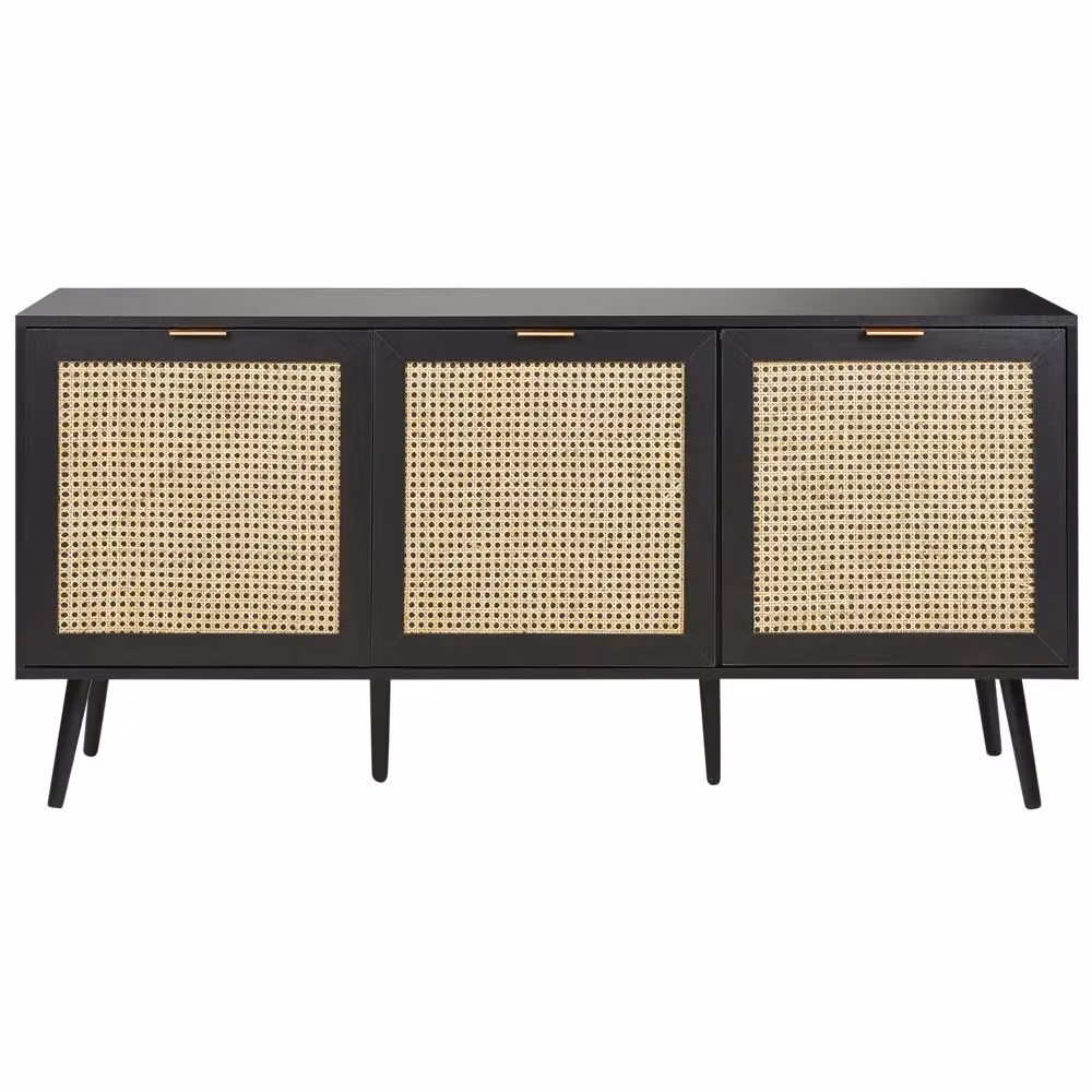 Credenza Beliani a 3 ante in legno nero con frontale in rattan e dettagli oro in stile Boho L/P/H: 150 x 40 x 71 cm – 2