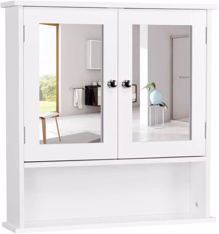 Armadio a specchio Yaheetech, mobile da parete con porta a specchio e 3 ripiani, bianco