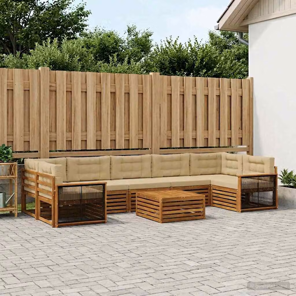 Set di divani da esterno vidaXL a forma di L in legno di acacia con tavolo da caffè, 8 pezzi, Beige e Marrone