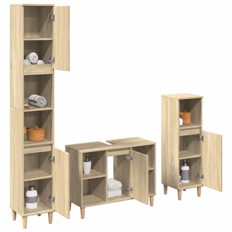 Set di mobili da bagno moderno vidaXL in 3 pezzi color beige e marrone in legno multistrato con base lavabo, colonna alta e mobile laterale