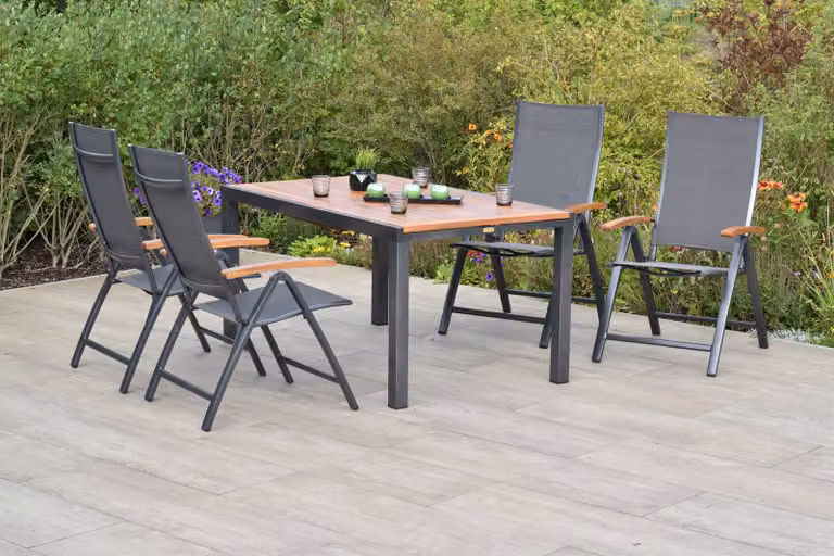 Set di mobili da giardino Merxx "Toblino" da 5 pezzi con tavolo allungabile 150/200 x 90 cm - Struttura in alluminio color grafite con rivestimento in tessuto antracite e legno di acacia