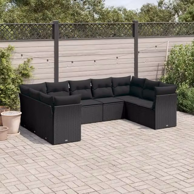 Set Divani da Giardino 9 pz con Cuscini Nero in Polyrattan 3218125