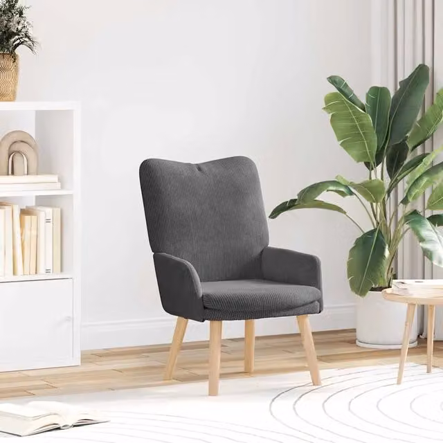Poltrona relax moderna in tessuto grigio con braccioli e struttura in legno L: 63 cm, P: 67 cm, H: 94 cm