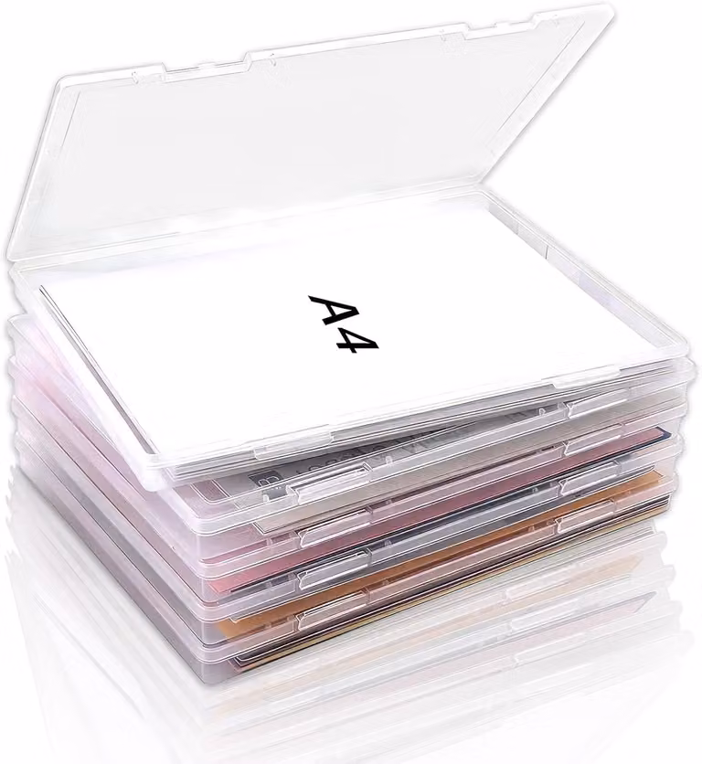Set di 5 scatole portaoggetti formato A4 con coperchio, dimensioni 12 x 22,3 x 2,3 cm, in plastica, impilabili, ideali per l'ufficio