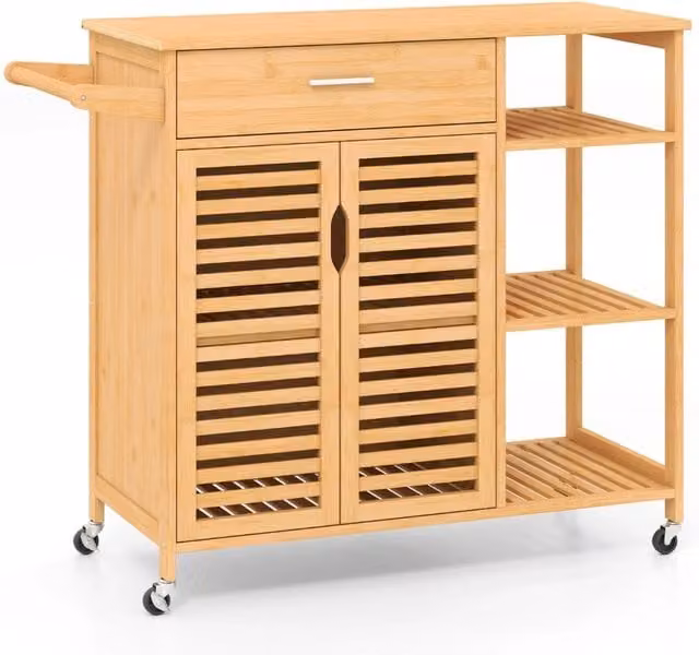 Carrello da cucina e soggiorno in legno stile scandinavo con 2 porte e barra porta asciugamani, colore naturale, L: 90 cm