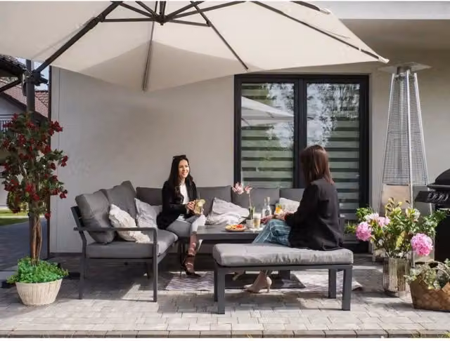 Salotto da giardino ad angolo FERONA da 7 posti in alluminio grigio con tavolo e pouf coordinato – 1