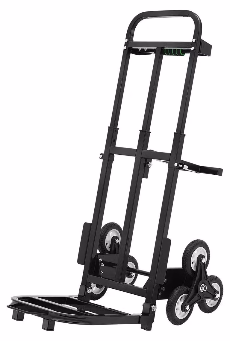 Carrello per scale con sacco – Carrello trasportabile pieghevole – 6 ruote in gommaPoliuretano– Capacità di carico fino a 210 kg – Maniglia regolabile in altezza da 73 a 114,5 cm – Struttura in acciaio – Colore nero