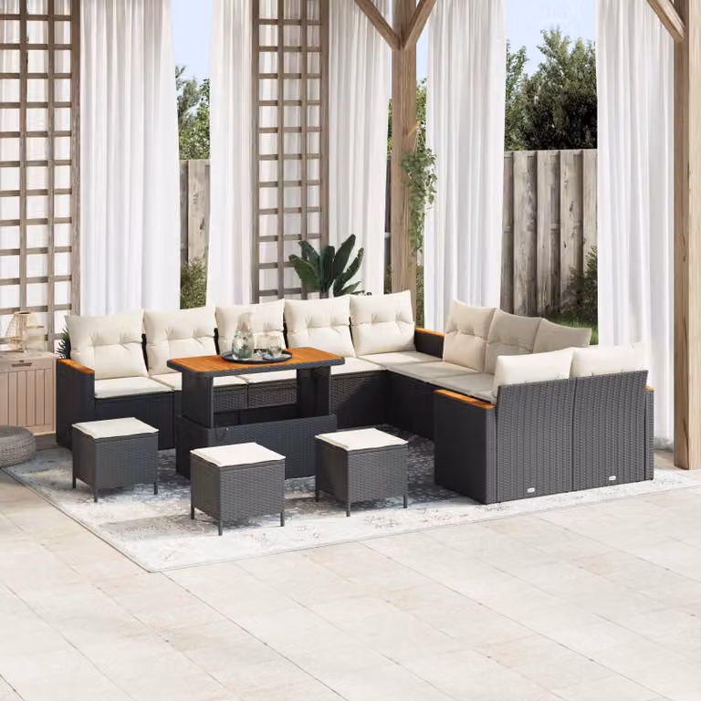 Set Divano da Giardino vidaXL 14 Pezzi a Forma di U in Polyrattan Nero con Cuscini e Tavolino