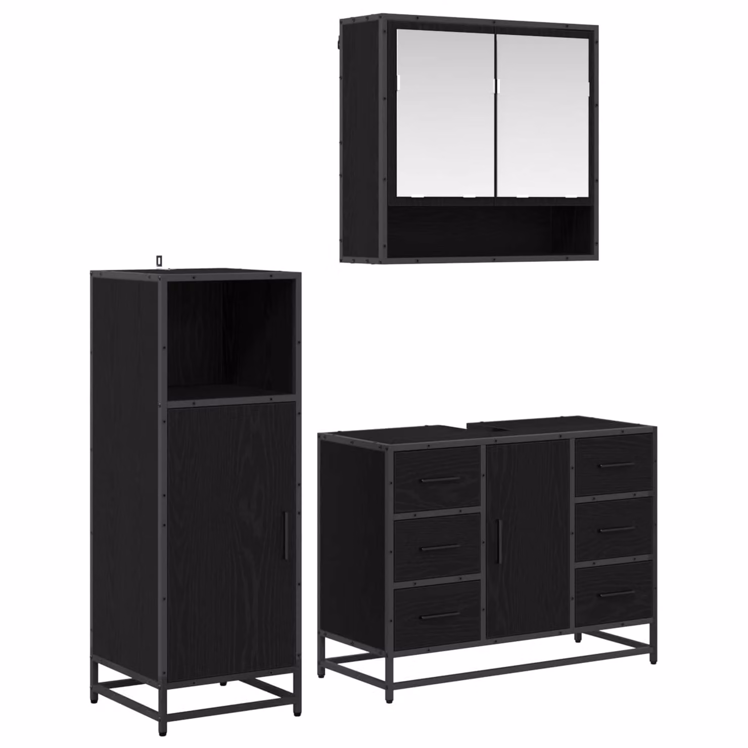 Set di mobili per il bagno vidaXL 3 pezzi in legno e metallo nero opaco L 80 cm x P 33 cm x H 60 cm