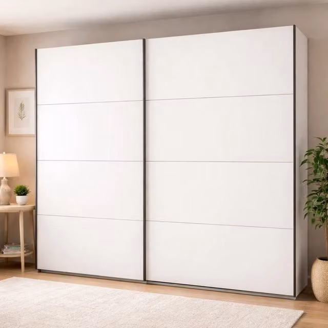 Armadio da camera da letto Salemi DMORA con ante scorrevoli, bianco e beige, L: 245 cm, H: 218 cm