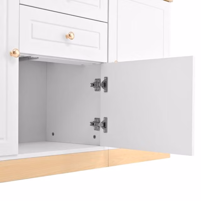 Credenza in stile minimalista con 3 ante, 2 cassetti e ripiani regolabili, finitura bianco e legno, L: 135,5 cm, P: 39 cm, H: 76 cm