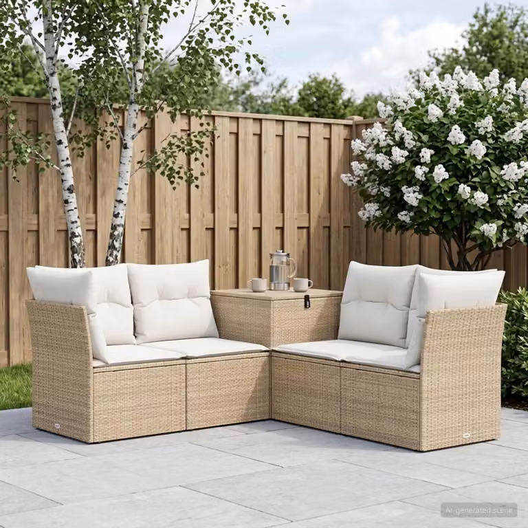 Set di divani da giardino vidaXL a forma di L in polyrattan beige e bianco con cuscini inclusi