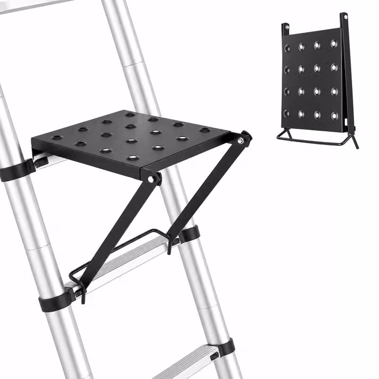 Piattaforma di lavoro per scale - Sistema combinato di supporto per scale - Acciaio inossidabile - Ampia superficie calpestabile - Accessori pratici - Colore: nero