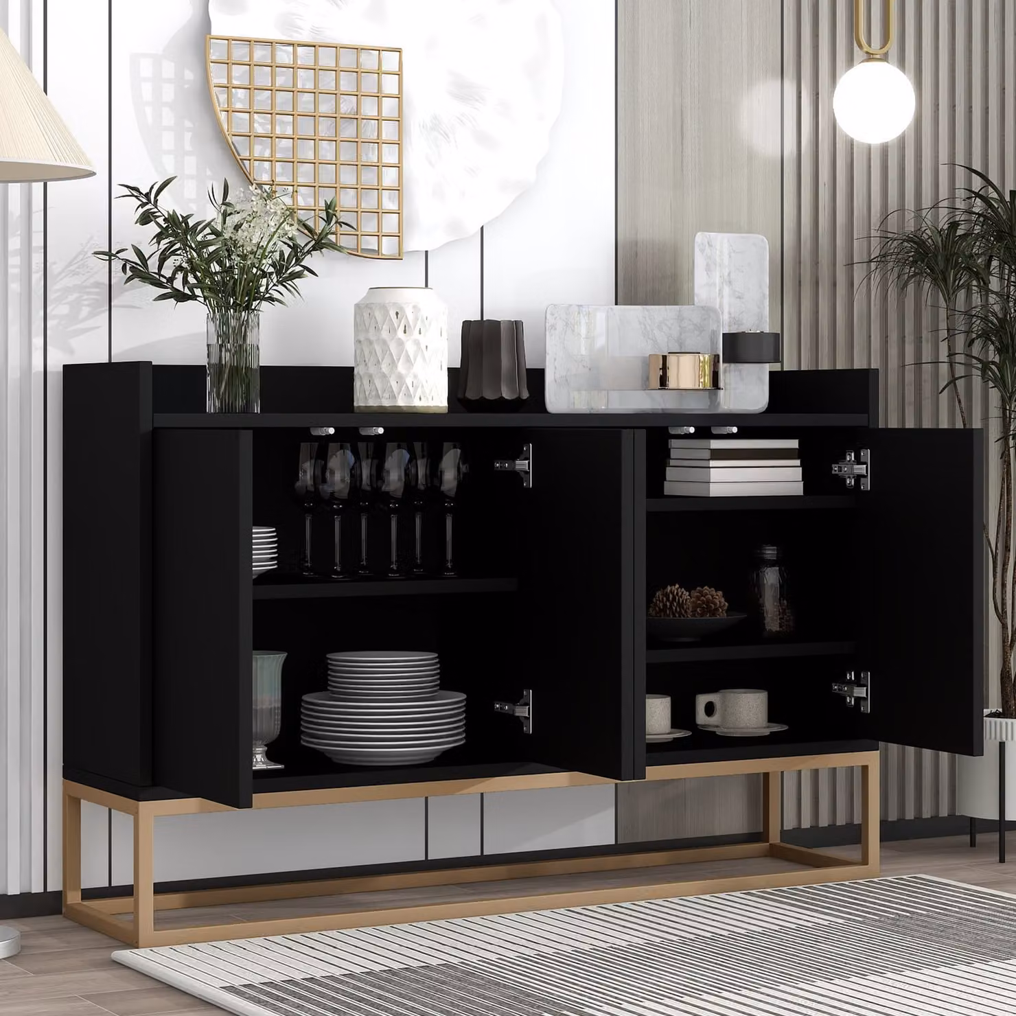 Credenza STILVORA in stile minimalista Credenza a 4 ante senza maniglie per sala da pranzo, soggiorno, cucina, con due ripiani regolabili Nero