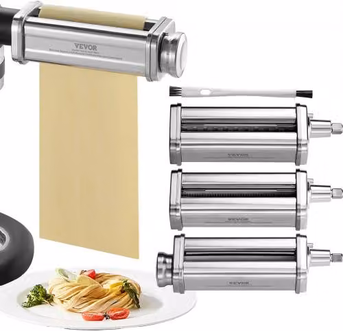 Set di 3 rulli sfogliatrice e tagliapasta VEVOR in acciaio inox color argento compatibile con impastatrice KitchenAid con spessore regolabile