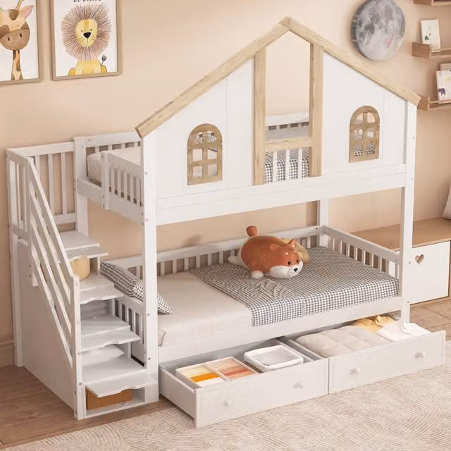 Letto a castello per bambini WISHDOR in legno e MDF con struttura a casetta, scale contenitore e cassetti, Bianco e Beige, L/P/H: 200 x 90 x 150 cm