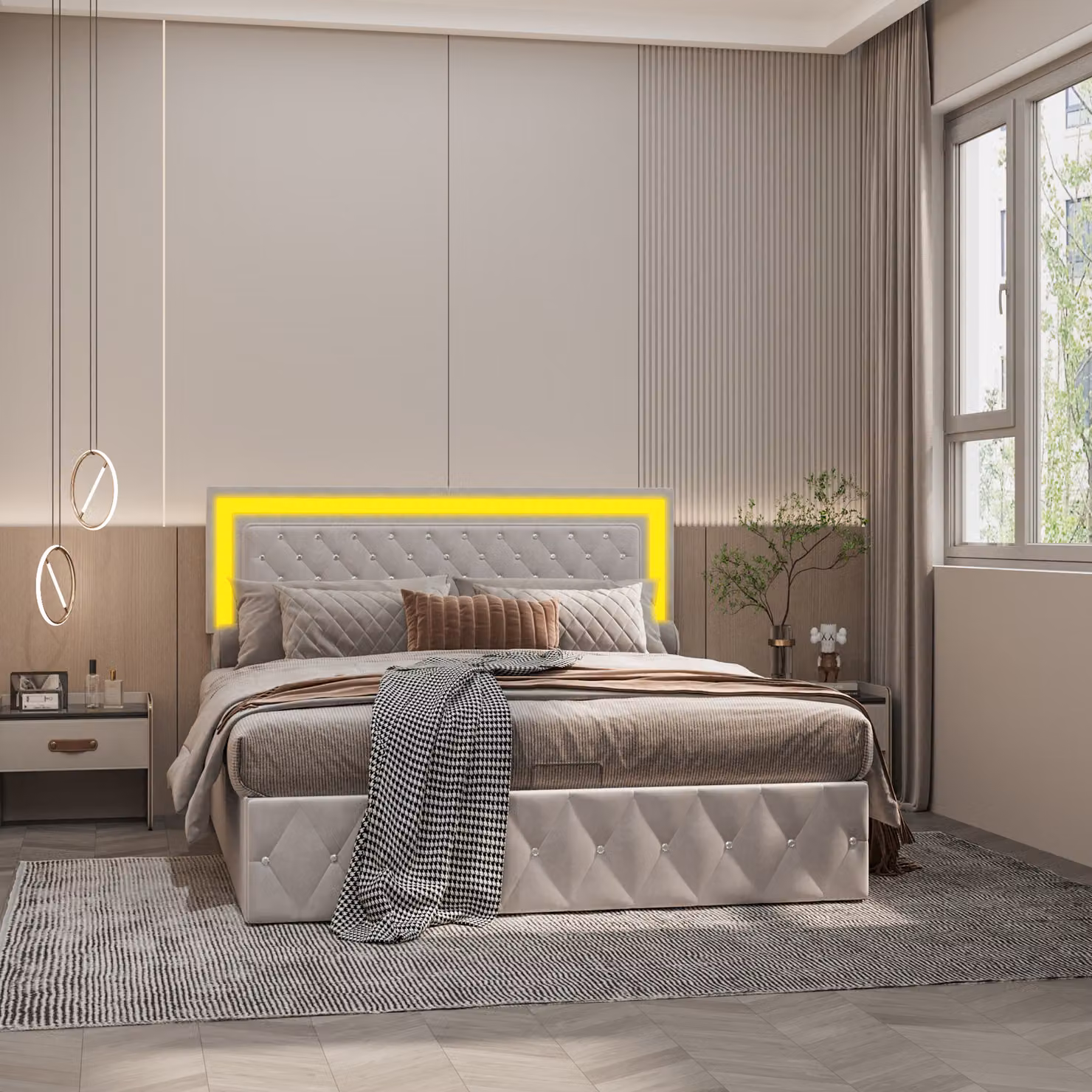 Letto imbottito Fortuna Lai 160x200cm, letto matrimoniale contenitore con testata regolabile in altezza, illuminazione LED e rete a doghe, velluto, beige